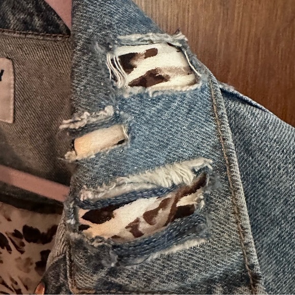Up cycle denim jacket distressed petite old navy XS animal print leopard jean - Picture 5 of 11